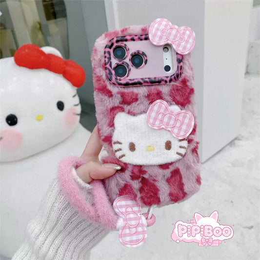 Leopard Plush HK Phone Case With Fluffy Wrist Strap