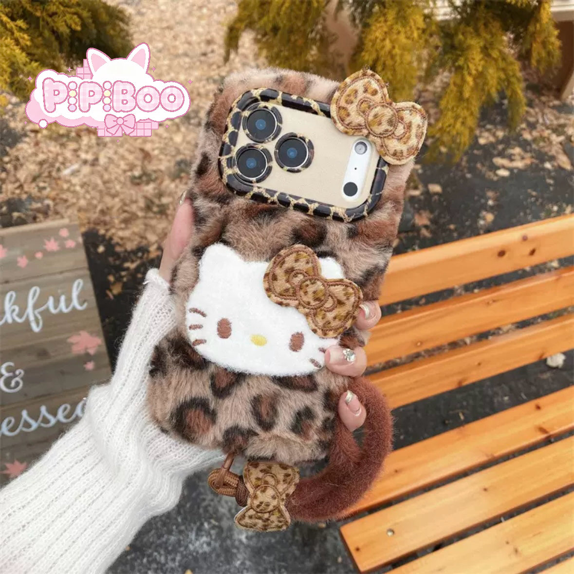 Leopard Plush HK Phone Case With Fluffy Wrist Strap