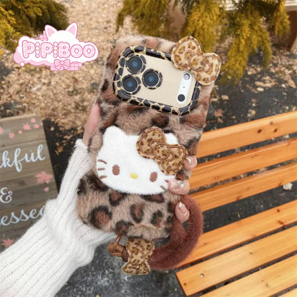 Leopard Plush HK Phone Case With Fluffy Wrist Strap