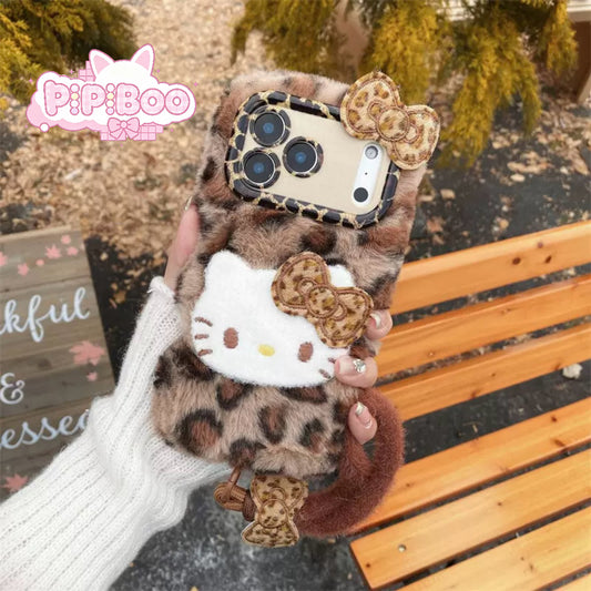 Leopard Plush HK Phone Case With Fluffy Wrist Strap