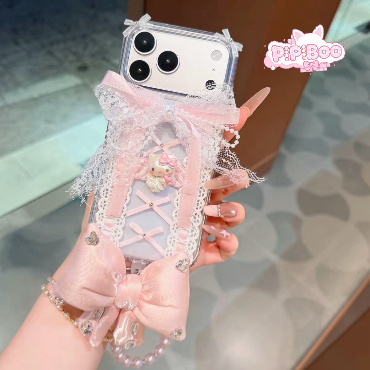 Pink butterfly bow lace HK phone case and butterfly chain for iPhone