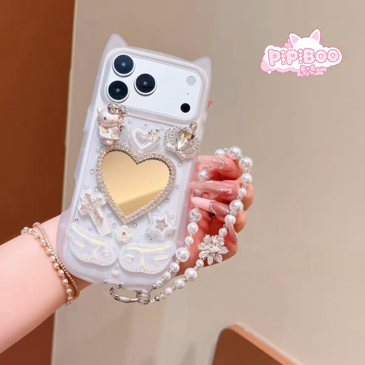HK my melody heart shape mirror phone case and chain for iPhone