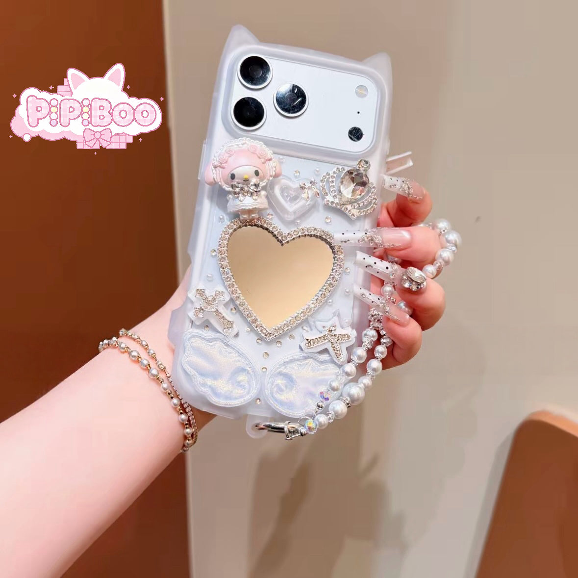 HK my melody heart shape mirror phone case and chain for iPhone